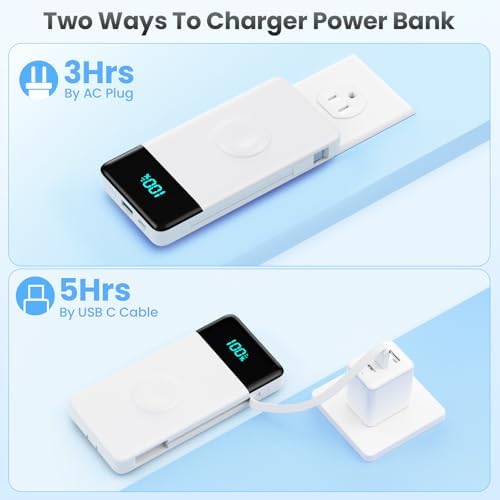 Ultra-Compact 6-in-1 10800 m Ah Power Bank with Built-In Cables & AC Plug – Fast Charging for i Phone, Android, and Apple Watch – LCD Display for Easy Power Monitoring – Lightweight, Travel-Friendly Battery Pack for Multi-Device Charging – Perfect for i Phone 16/15/14 Series, Samsung Galaxy, and More – Enjoy Unmatched Versatility and Convenience on the Go
