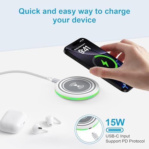 15 W Fast Wireless Charging Pad with QC 3.0 Adapter – Ultimate Charging Solution for Galaxy S25 Ultra, i Phone 16 Pro Max, Pixel 9, and More – Seamless Through-Case Functionality, Enhanced Safety Features, and Non-Slip Design for All Wireless-Enabled Devices – Includes 3.3 ft USB-C Cable for Effortless Connectivity – Perfect for Home and Office Use