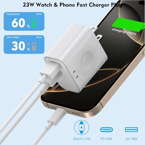 23 W 3-in-1 Multi-Device Charger for Apple Watch & i Phone – Rapid Dual Port USB-C & USB-A Power Adapter with Wireless Magnetic Charging for i Watch Ultra/SE/10/9/8 & i Phone 16/15/14 – Compact Travel Charger for Efficient Power Solutions