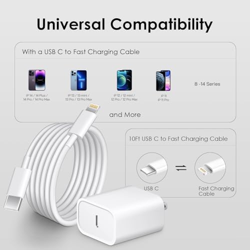 Ultimate Fast Charging Solution for i Phone: MFi Certified 10 FT Type C Charger 2-Pack with 20 W USB-C Power Adapter – Optimal Compatibility for i Phone 14, 13, 12, 11, XS, XR, X & 8 Plus – Experience Unmatched Speed and Durability for All Your Charging Needs