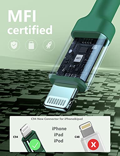 6 FT MFi Certified USB-C to Lightning Charging Cable Pack – Rapid Charge & Data Sync for i Phone 13, 12, 11 Pro Max, SE, & i Pad 8 th Gen – Durable Green Cords for Enhanced Flexibility & Style