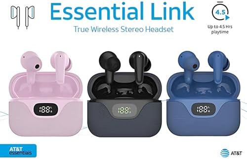 AT&T Essentials Pink True Wireless Earbuds – Premium High-Fidelity Audio & Ergonomic Comfort for i Phone, Samsung Galaxy, and Google Pixel – Perfect for Music Lovers & Professionals on the Move with Convenient Wireless Charging Case