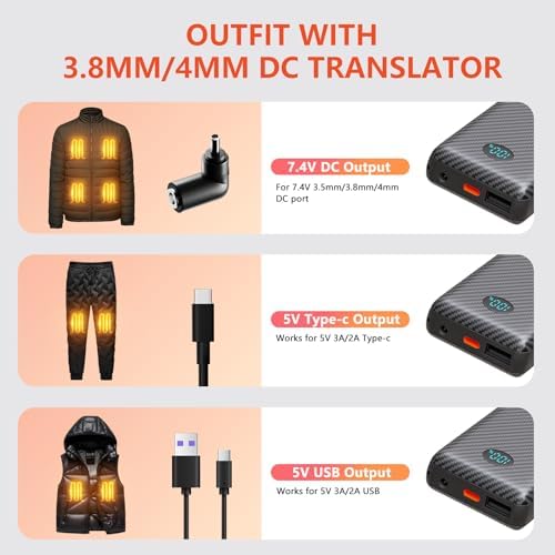 Maximize Your Outdoor Comfort: 2 Pack High-Capacity Heated Jacket Battery with 12000 m Ah Rechargeable Power Bank – Universal DC/USB/Type-C Output for All Heated Apparel and Mobile Devices, Ensuring Warmth and Connectivity on Every Adventure