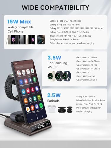 Upgrade Your Charging Experience with the Premium 3-in-1 Wireless Charger Station for Samsung Devices – Ultra-Fast Dock for Galaxy S24 Ultra, S23 Ultra, Z Flip 6, Fold 5, Galaxy Watch 7/6/5 Pro, and Buds – Modern Wood Grain Design with Integrated Clock for Enhanced Organization and Style
