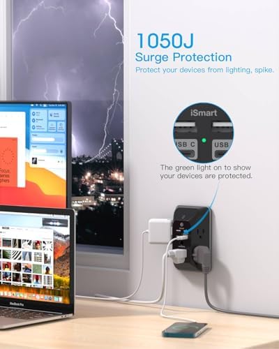 HANYCONY Versatile Black Outlet Extender with USB-C and Night Light – 4-Port Surge Protector Power Strip for Fast Charging in Home, Office, and Dorm Settings – Maximize Device Compatibility and Safety