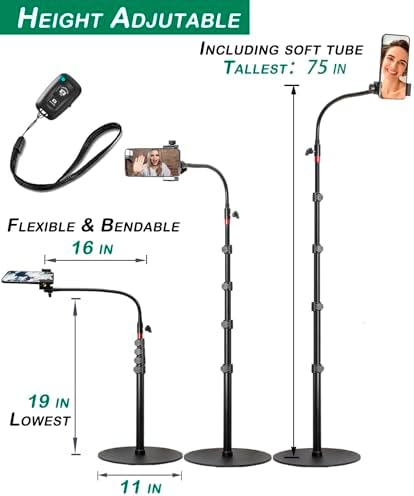 Phone Overhead Stand, Gooseneck Phone Floor Stand, Tall Video Cell Phone Mount with Height Adjustable Stand, Heavy Base, 360 Head, Works with iPhone 16, 16 Pro Max, 16 Plus, 15, 14, 13 – Enhanced Compatibility and Speed