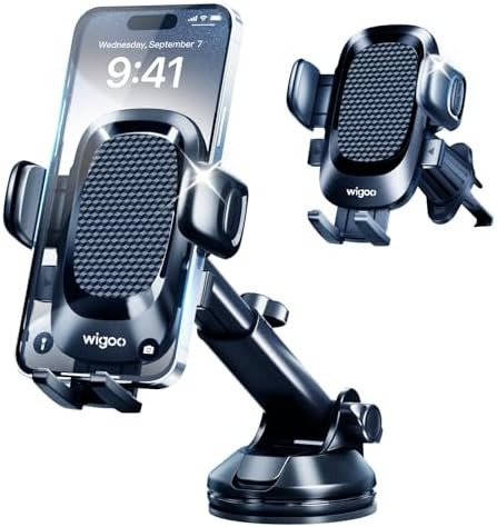 Wigoo Pioneer 3-in-1 Car Phone Holder Mount – 2024 Upgrade for Ultimate Universal Smartphone Compatibility | Secure Dashboard, Windshield & Air Vent Stand for i Phone 16, 15, 14, 13, 12 & All Mobile Devices | Enhanced Fiber Grip for Safe Hands-Free Navigation & Calls