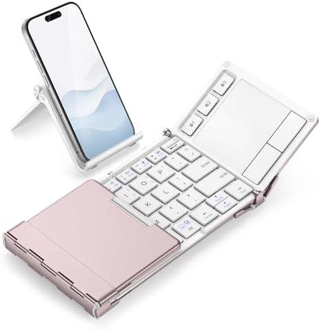 Ultra-Portable i Clever Bluetooth Keyboard with Touchpad – Sleek Foldable Design, Durable Metal Body, USB-C Charging, Multi-Device Compatibility for i Pad, i Phone, Android & Windows – Perfect for Travelers and Professionals in Silver White