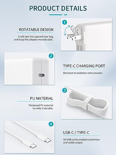 High-Performance 118 W USB-C Power Adapter for Mac Book Pro & Air – Rapid Charging for M1/M2 Models, Compatible with All USB-C Devices, 6.6 ft Durable Cable, Enhanced Speed & Efficiency for 13-16 Inch Laptops, i Pad Pro, and More