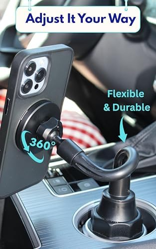 Mag Safe-Compatible Cup Holder Phone Mount – Ultra-Strong Magnetic Phone Holder with Flexible Gooseneck, Expandable Base for Secure Fit in Any Vehicle, Perfect for i Phone, Galaxy, and Pixel – Enhance Your Driving Safety and Convenience