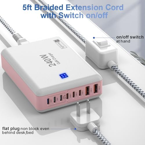 240 W High-Speed 8-Port Charging Station – Multi-Device USB Hub for i Phone, i Pad & Mac Book with 6 USB-C PD Ports, 2 USB-A Ports, 5 ft Braided Cord, On/Off Switch, Flat Plug Design for Travel Convenience and Optimal Space Management – Ultimate Charging Solution for Tech Enthusiasts