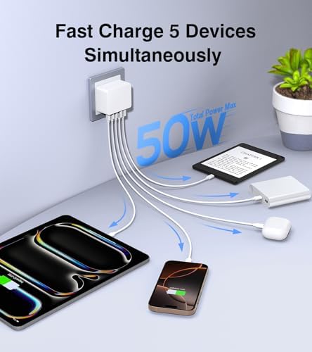 Ultimate 50 W Multiport USB-C Wall Charger: High-Efficiency 5-Port Power Hub for i Phone 16/15/14/13/12 Pro Max, Samsung, and All Devices – Sleek, Lightweight Design with PD & QC 3.0 Technology – Ideal for Home, Office, and On-the-Go Fast Charging Solutions