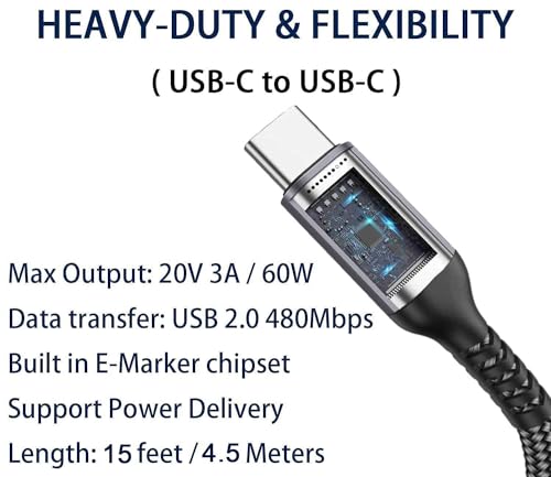 15 FT USB-C to USB-C Charging Cable (2 Pack, 60 W) – High-Speed Data Transfer & Power Delivery for i Phone 15 Pro, Samsung Galaxy S23/S22, Google Pixel 6 Pro, and More – Ultimate Compatibility & Durability for On-the-Go Charging Solutions