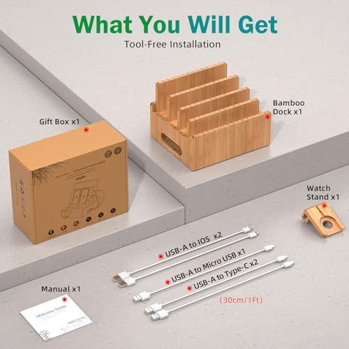 Eco-Friendly Bamboo Multi-Device Charging Station by Pezin & Hulin – Ultimate Organizer for Smartphones, Tablets & Smartwatches with 5 High-Quality Charging Cables – Efficient, Clutter-Free Design for Home or Office Use