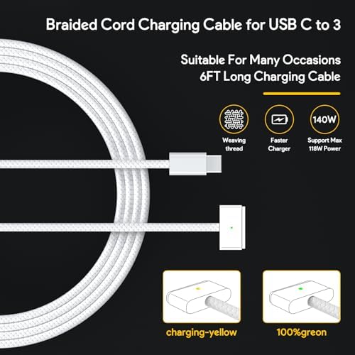 Ultra-Fast 140 W Mac Book Pro Charger with 6.6 FT USB-C to T-Tip Magnetic Braided Cable – Optimal Compatibility for 2021-2024 Models Including Mac Book Pro (14 & 16 Inch) and Mac Book Air (13 & 15 Inch) – Lightning Speed Charging in Just 1.26 Hours – LED Indicator for Charging Status – Durable Design for Everyday Use – Perfect for On-the-Go Power Needs