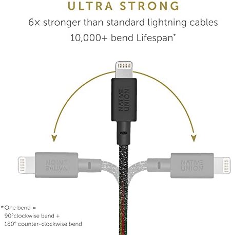 Native Union Night Cable – 10 ft MFi Certified Lightning to USB-A Charger with Weighted Knot Design for Enhanced Stability – Ultra-Durable & Stylish Zebra Pattern for i Phone 14, 13 & Earlier Models – Elevate Your Charging Experience with Superior Length & Strength