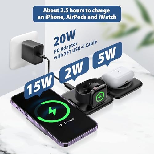Revolutionary 3-in-1 Foldable Apple Charging Station: Compact Magnetic Dock for i Phone, Air Pods & i Watch – Travel-Ready Power Hub with Adaptor & Protective Case (Chic White) – Enhanced Speed for Seamless Device Compatibility and Streamlined Charging Solutions