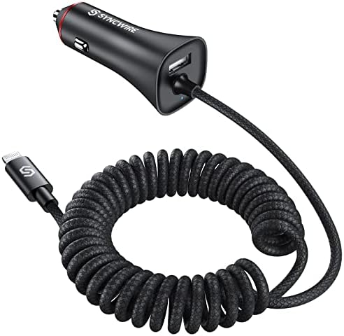 Rapid Charge Your Apple Devices with Syncwire MFi Certified 32 W Car Charger featuring Built-in 5 FT Coiled Lightning Cable – Ultimate Fast Charging Solution for i Phone 14/13/12/11/XR/Max and i Pad – Compact and Travel-Ready USB Adapter for Hassle-Free Power On-The-Go