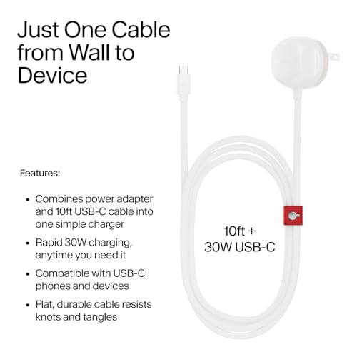 Twelve South Power Cord 30 W USB-C Fast Charger with 4 ft Tangle-Free Cable and Compact Wall Adapter – Universal Compatibility for i Phone, i Pad, Samsung, Mac Book Air & More – Sleek Slate Design for Home & Travel Efficiency