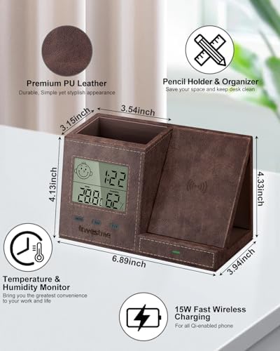 Multi-Functional Desk Organizer with Wireless Charging, Digital Thermometer & Humidity Monitor – Stylish Brown Pen Holder for Home Office Efficiency and Clutter-Free Workspace