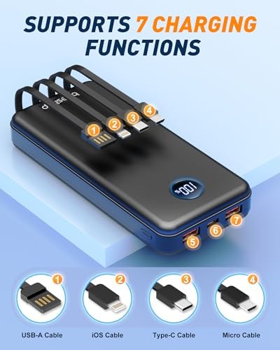 BEESHOP Ultra High-Capacity 37000 m Ah Portable Power Bank – All-in-One Fast Charging Solution with 4 Integrated Cables, 22.5 W Quick Charge for i Phone 16, 15, 14, 13 & Android Devices – Essential Travel Companion for Maximum Device Compatibility and Efficiency