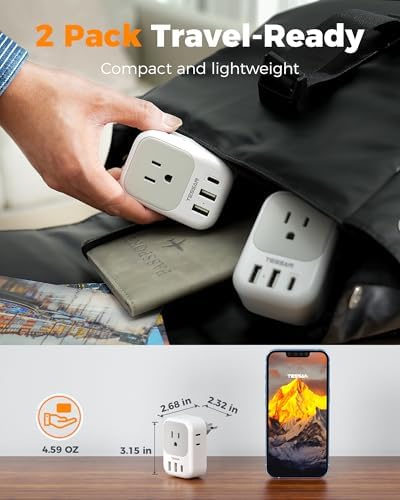 TESSAN Dual Pack European Travel Adapter with 4 AC Outlets and 3 High-Speed USB Ports – Ultimate International Power Converter for Seamless Device Charging in Italy, Spain, France, Portugal, Germany, and Iceland – Essential Travel Accessory for Modern Explorers