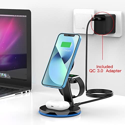 Weetla Magnetic 3-in-1 Wireless Charging Station – Rapid Charge for i Phone 13/12 Series, Apple Watch 7/6/SE/5/4/3/2, and Air Pods Pro/2 – Includes QC 3.0 Adapter for Optimal Efficiency – Compact Design Ideal for Home, Office, and Travel – Stylish Solution to Eliminate Cord Clutter with Long-Lasting Durability