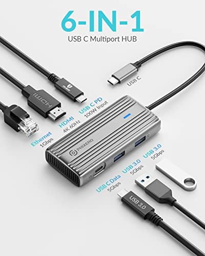 Maximize Your Productivity with the PHIXERO 8-in-1 USB C Adapter: High-Speed 5 Gbps USB 3.0 Hub, 4 K@60 Hz HDMI Output, 1 Gbps Ethernet, 100 W PD Charging, SD/TF Card Reader – Perfect for Mac Book Pro, Air, Surface & More in Sleek Gray Design