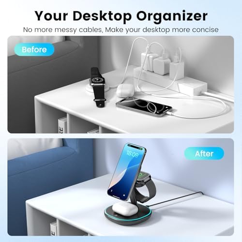 Ultimate 3-in-1 Wireless Charging Station: 15 W Fast Charger for i Phone 16/15/14/13/12, Apple Watch & Air Pods – Adjustable Viewing Stand with Sleep-Friendly Light for Enhanced User Experience (Black) – Rapid, Safe Power Delivery with Multi-Protection Features