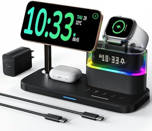 Elevate Your Charging Experience with the Qi2 Certified 5-in-1 Mag-Safe Station – 15 W Fast Wireless Charger for i Phone 16, 15, 14, 13, 12 Pro Max, Apple Watch, and Air Pods – Sleek Black Design with Integrated Alarm Clock and Adjustable Night Light for Enhanced Convenience and Ambiance