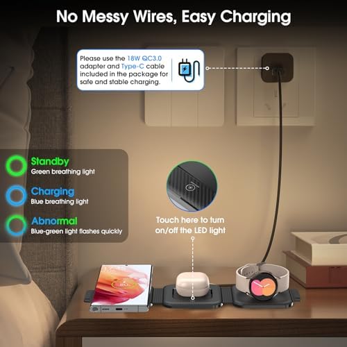 Ultra-Compact 3-in-1 Wireless Charging Station for Samsung Devices – Foldable Travel Charger Pad for S25, S24, S23 Ultra, Z Flip, and Fold 6; Fast Wireless Charger for Galaxy Watch 7/6 and Buds 3 Pro – Sleek, Portable Design for On-the-Go Power Solutions