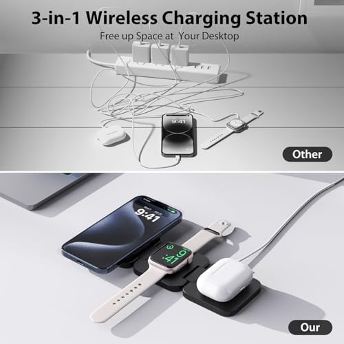 Revolutionary 3-in-1 Fast Wireless Charging Station – Magnetic & Foldable for Seamless Charging of i Phone 16/15/14/13/12/Pro/Max, Apple Watch 9/8/7/6/5/4/3/SE, and Air Pods 3/2/Pro – Compact, Portable, and Efficient 5 W Power Solution for the Modern User