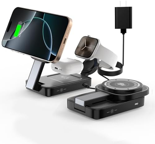 Revolutionize Your Charging Routine with the 3-in-1 Magnetic Wireless Charger Station for Apple Devices – Foldable Design, Integrated Night Lamp, and Mag Safe Compatibility for i Phone 16/16 Pro/16 Pro Max/15/14/13/12, Air Pods, and Apple Watch (Sleek Black Finish) – Ultimate Convenience and Enhanced Speed for Modern Users