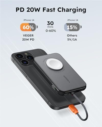 VEGER 5000 m Ah Mini Power Bank with Built-in Cable – PD 20 W Fast Charger for i Phone 14/13/12/Pro Max, Android Devices & Apple Watch – Lightweight Travel Essential in Vibrant Yellow – Ultimate Charging Solution for On-the-Go Connectivity