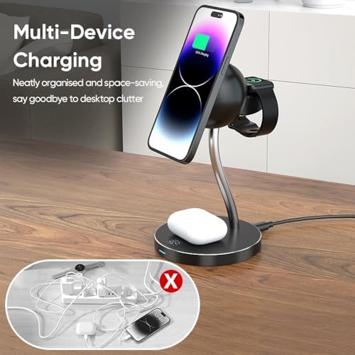 REFLEX CAMERA 4-in-1 Wireless Magnetic Charging Station for i Phone, Apple Watch & Air Pods – Fast 15 W Charging Dock with Integrated LED Lamp – Compatible with i Phone 16 Pro/16/15/14/13/12/11 – Sleek Bedside & Desktop Design – Ultimate Convenience & Organization