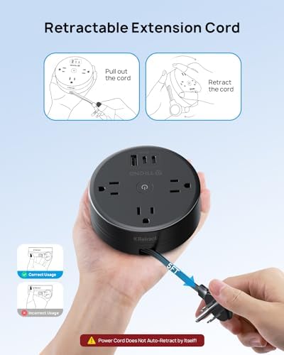 Compact TROND 20 W USB-C Travel Power Strip – Retractable 5 ft Extension Cord with 3 AC Outlets for Fast Charging, Perfect Cruise Ship Essential, Ultra-Thin Flat Plug for Home & Dorm Use – Stay Organized & Connected Anywhere