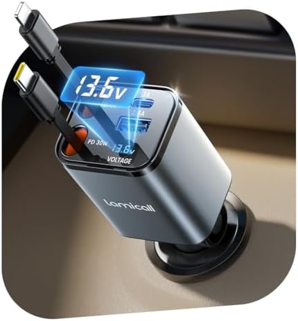 Lamicall 69 W Compact Retractable USB C Car Charger – 4-in-1 Fast Charging Adapter with Built-in 31.5” Cable for i Phone 16/15/14/13/12/11, Galaxy, Pixel, and Air Pods – Ultimate Convenience and Versatile Power Solution for On-the-Go Charging