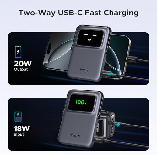 UGREEN Uno Magnetic Power Bank – 5000 m Ah Wireless Charger with 20 W Fast Charging, Foldable Stand & TFT Display for i Phone 16/15/14/13/12 Series – Ultimate On-the-Go Power Solution in Sleek Black Design