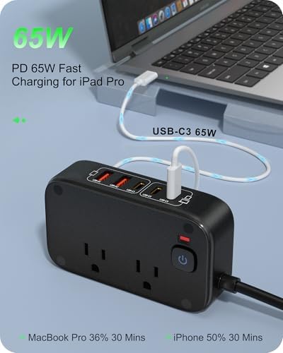 Ultimate 7-in-1 Power Strip with 65 W Ga N Technology | Flat Plug Design for Space-Saving | 3 USB-C & 2 USB-A Ports for Rapid Charging | 2500 W AC Outlet for Home, Office, College & Travel | Versatile Surge Protector for All Devices