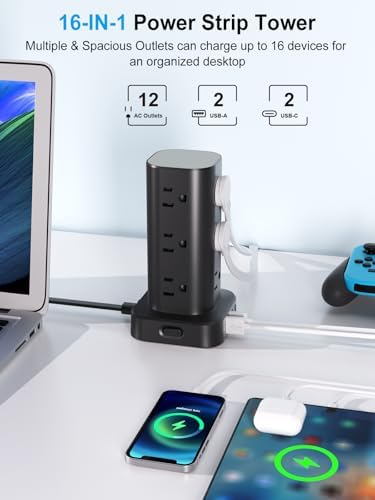 Ultimate Power Strip Tower with 15 W Wireless Charger and 10 FT Extension Cord – 12 AC Outlets & 4 USB Ports (2 USB-C) – Space-Saving Surge Protector for Home, Office, and Dorm Use – Advanced Compatibility for All Devices