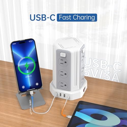 SMALLRT Power Tower Surge Protector – 10 Ft Extension Cord with 12 AC Outlets & 4 USB Ports (1 USB-C) – Ultimate Charging Station for Home & Office – Enhanced Device Compatibility & Safety