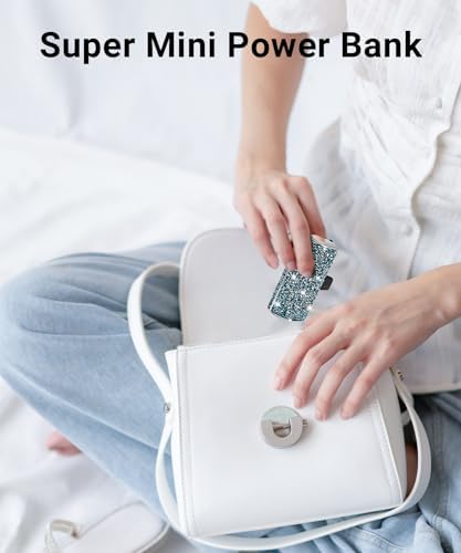 Bling Small Portable Charger: 6800 m Ah Ultra-Compact Power Bank with Fast 5 V/3.1 A Charging, Built-in i OS Connector for i Phone 14 to 5 Series, Trendy Blue Shimmer Finish with Convenient Flashlight – Perfect for On-the-Go Charging and Everyday Emergencies
