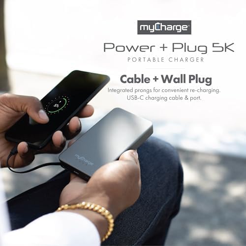 Ultra-Fast my Charge Power+Plug 20,000 m Ah Portable Power Bank with Built-in Charging Cable, USB-C Port, and Foldable Wall Plug – Ideal Travel Companion for Apple & Android Devices with 120 Hours of Reliable Power