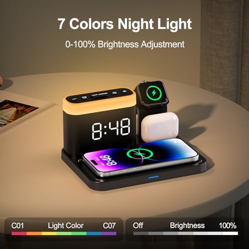 Revolutionize Your Charging Experience with the ANJANK 5-in-1 Wireless Charging Station: Multifunctional Dock for i Phone 16/15/14/13/12 Pro Max, Apple Watch & Air Pods with Adjustable Night Light and Built-In Alarm Clock for Seamless Device Management and Enhanced Ambiance