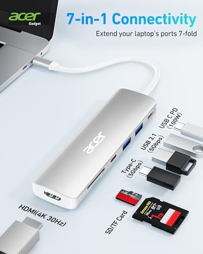 Acer 7-in-1 USB C Hub with 4 K HDMI Splitter – Ultimate Connectivity Solution for Laptops & PCs – Fast 5 Gbps Data Transfer, PD 100 W Charging & SD Card Reader – Transform Your Workspace with Enhanced Performance and Versatility