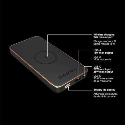 Duracell Core 10 Wireless Portable Charger | 10,000 m Ah Multi-Device Power Bank with USB-C & USB-A Ports for Effortless Charging of Smartphones, Tablets, and More | Compact Design for On-the-Go Convenience and Enhanced Device Compatibility
