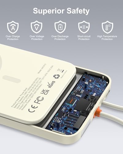 Asper X Mag Safe 10,000 m Ah Portable Power Bank – Dual Charging Solutions with 15 W/22.5 W Fast Charging, Smart LED Power Display, Built-in USB-C Cable & Compact Design for i Phone 16/15/14/13/12 & Galaxy S25 – Ultimate Travel Companion for Efficient Power Management