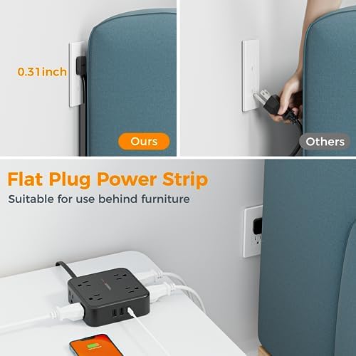 TESSAN Power Strip Tower Surge Protector: 8 AC Outlets & 3 USB Ports (1 USB-C) with 900 Joules Protection, 5 FT Flat Plug Extension Cord – Ultimate Desk Charging Station for Home Office and Dorm Room Efficiency
