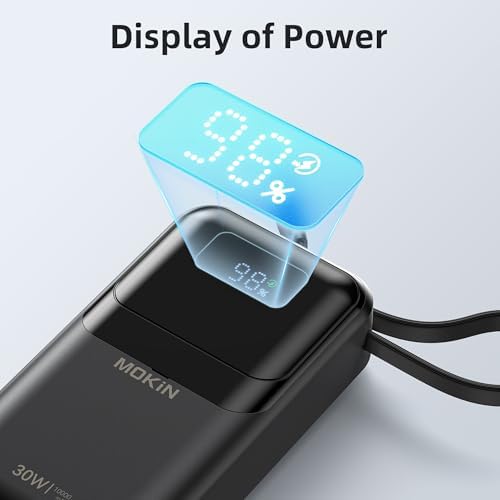 MOKi N 10,000 m Ah Ultra-Fast Portable Charger with Built-in Cables & Smart Digital Display – 30 W PD Power Bank for i Phone 16/15/14/13, Samsung Galaxy S23/S22/S21, Google Pixel – Compact Travel-Friendly Battery Pack with Safety Features & Multiple Charging Ports – Lightweight & Airline-Approved for On-the-Go Convenience