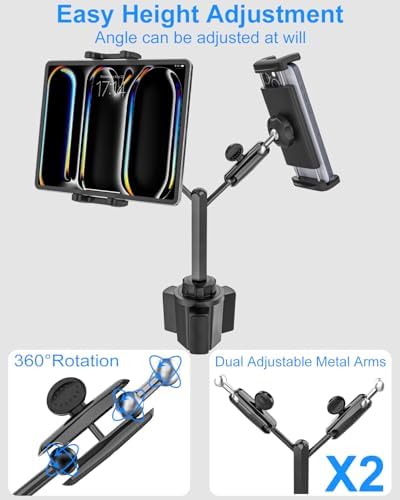 Universal Dual Tablet Car Cup Holder with Sturdy Metal Arm – Adjustable Device Mount for i Pad Pro, Air, Mini, i Phone & Galaxy (4-12.9″) – Enhance Travel Entertainment & Navigation Stability